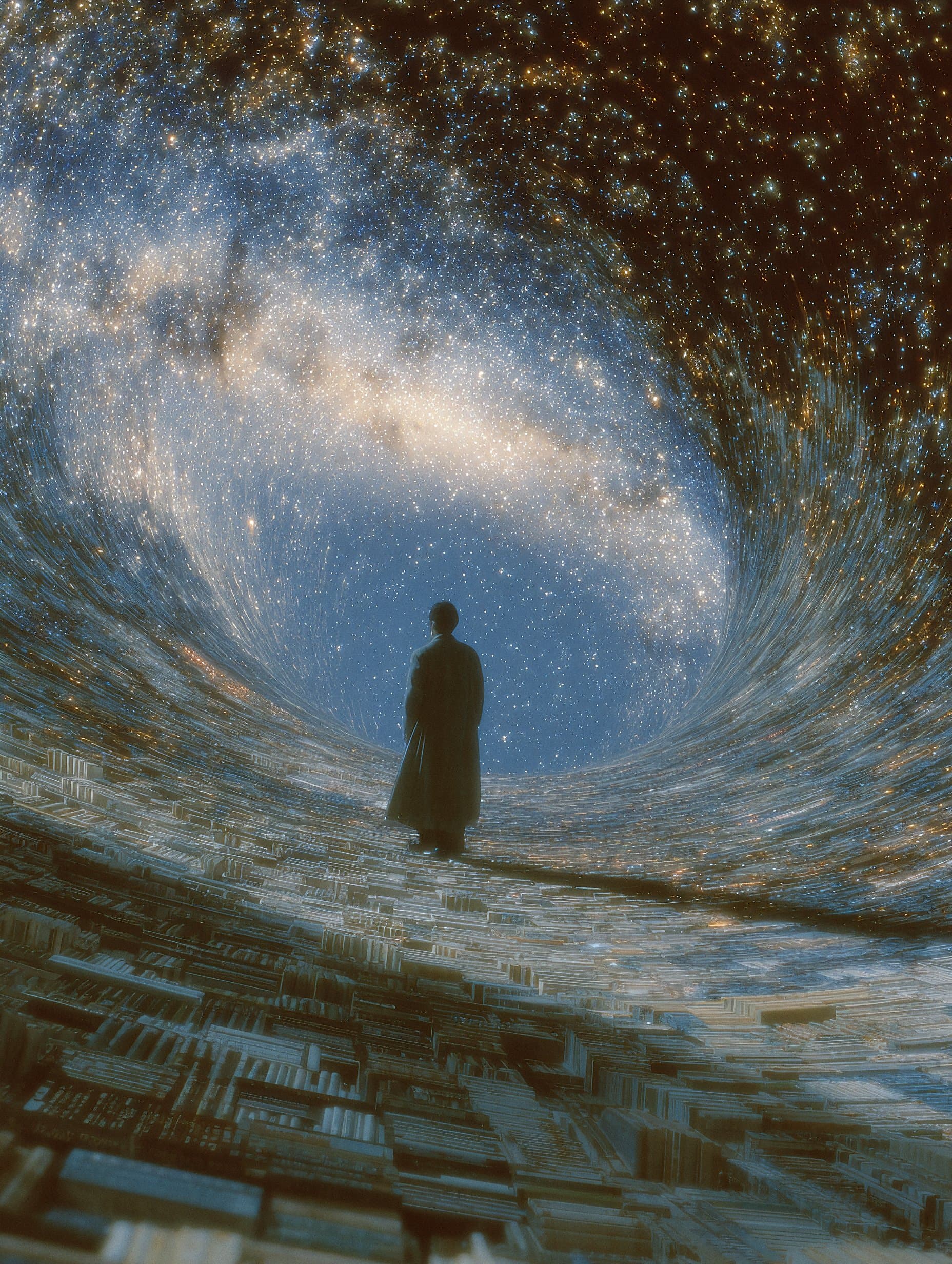 A solitary figure standing at the center of a vast vortex of swirling light and knowledge